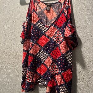 Rue21 Vibrant Red and Navy Patchwork Blouse